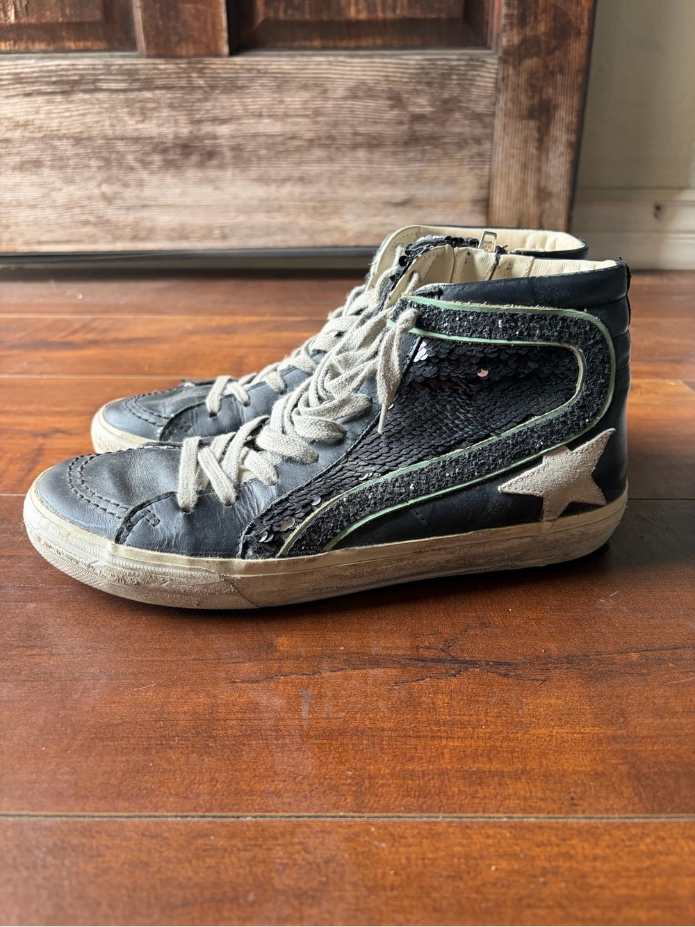 Golden Goose Black and White High-Top Sneakers with Green Trim